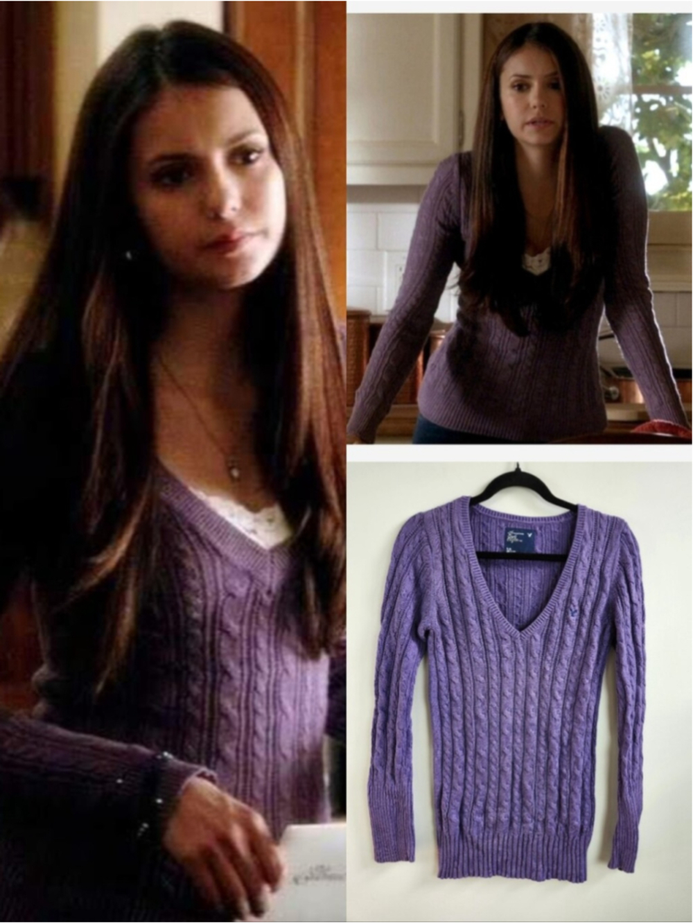 ASO Elena Gilbert Sz L Alt Y2K Purple Cotton Cable Knit Sweater Prep Old Money